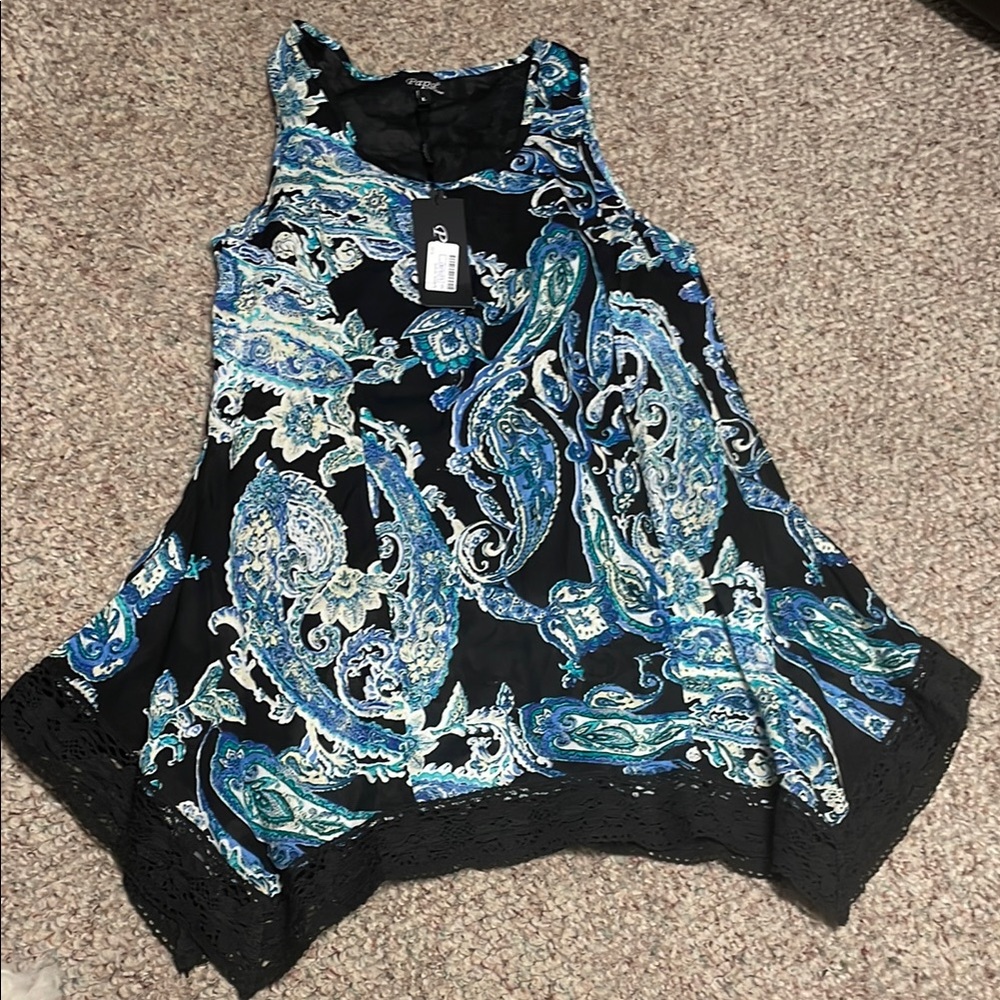 Papa new Paisley Blue Sleeveless lace trimmed handkerchief hem Top